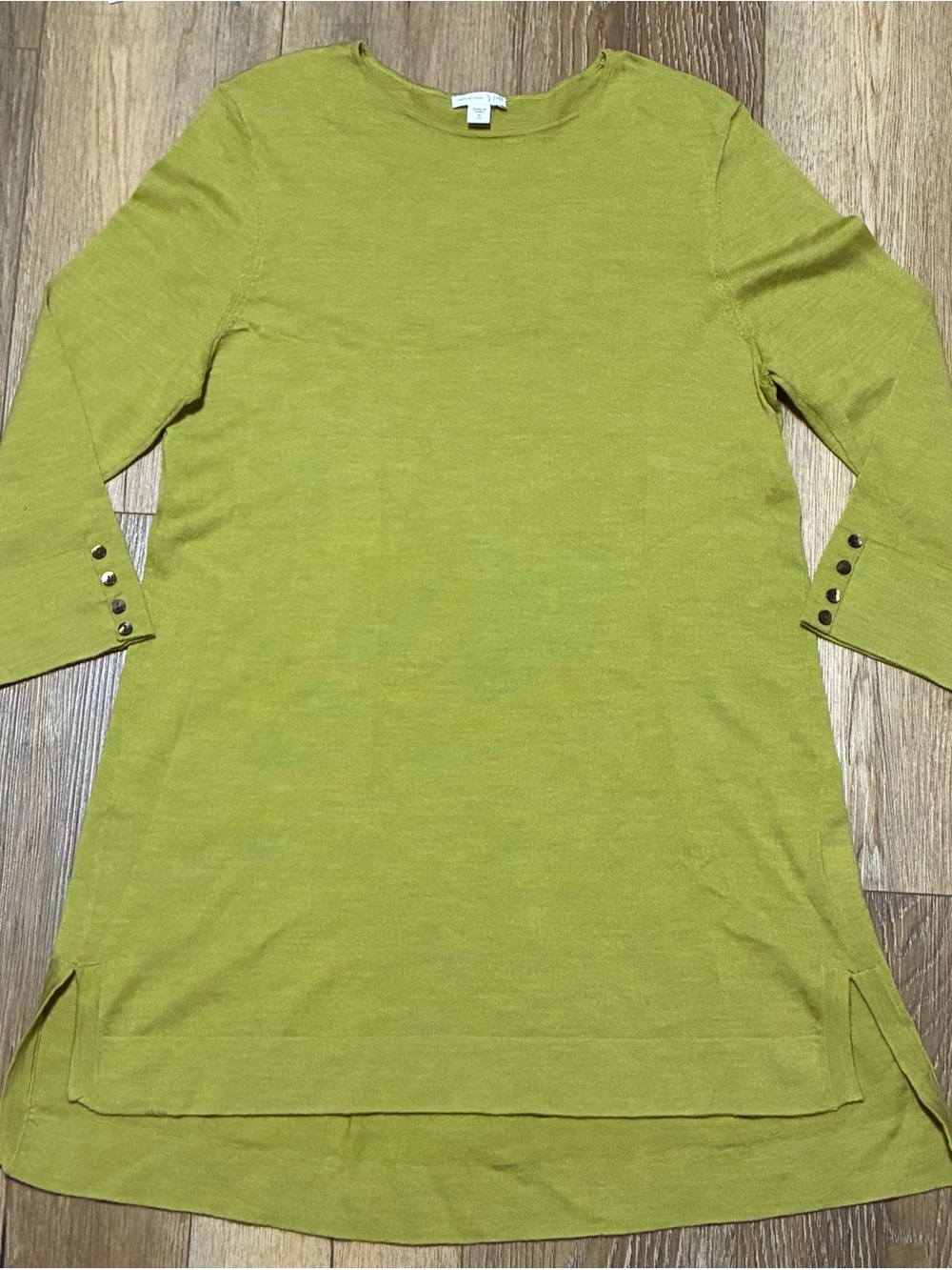 J. Jill Chartreuse Green 100% Merino Wool Knit Tunic Dress M Tall Button Cuffs